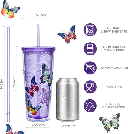bzyoo SIP 24oz (710ml) Double Wall Plastic Tumbler with Lid and Straw Cold Drink Travel Mug Reusable Party Cup Perfect for Office Ice Coffee or Tea and Gift Color: Pink & Purple