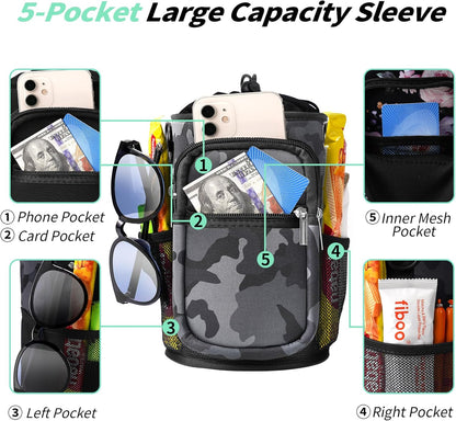 AceTreker 32/40/64/87/128 oz Water Bottle Carrier Bag, Neoprene Water Bottle Sleeve with 4 Pocket, Sport Water Holder with Paracord Handle and Shoulder Strap for Walking Hiking Camping Gym