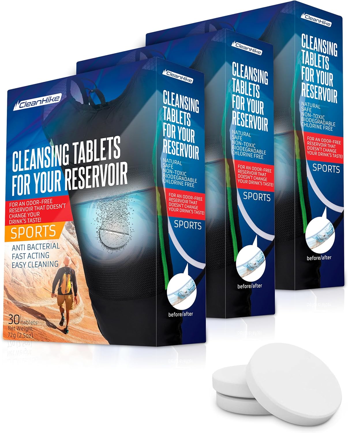 CleanHike Hydration Backpack Cleaning Tablets - (90 Tablets) Great for Reservoir Pack or Hydration Bladder, Individually Packed, Quickly Removes Stubborn Stains & Odors (3)