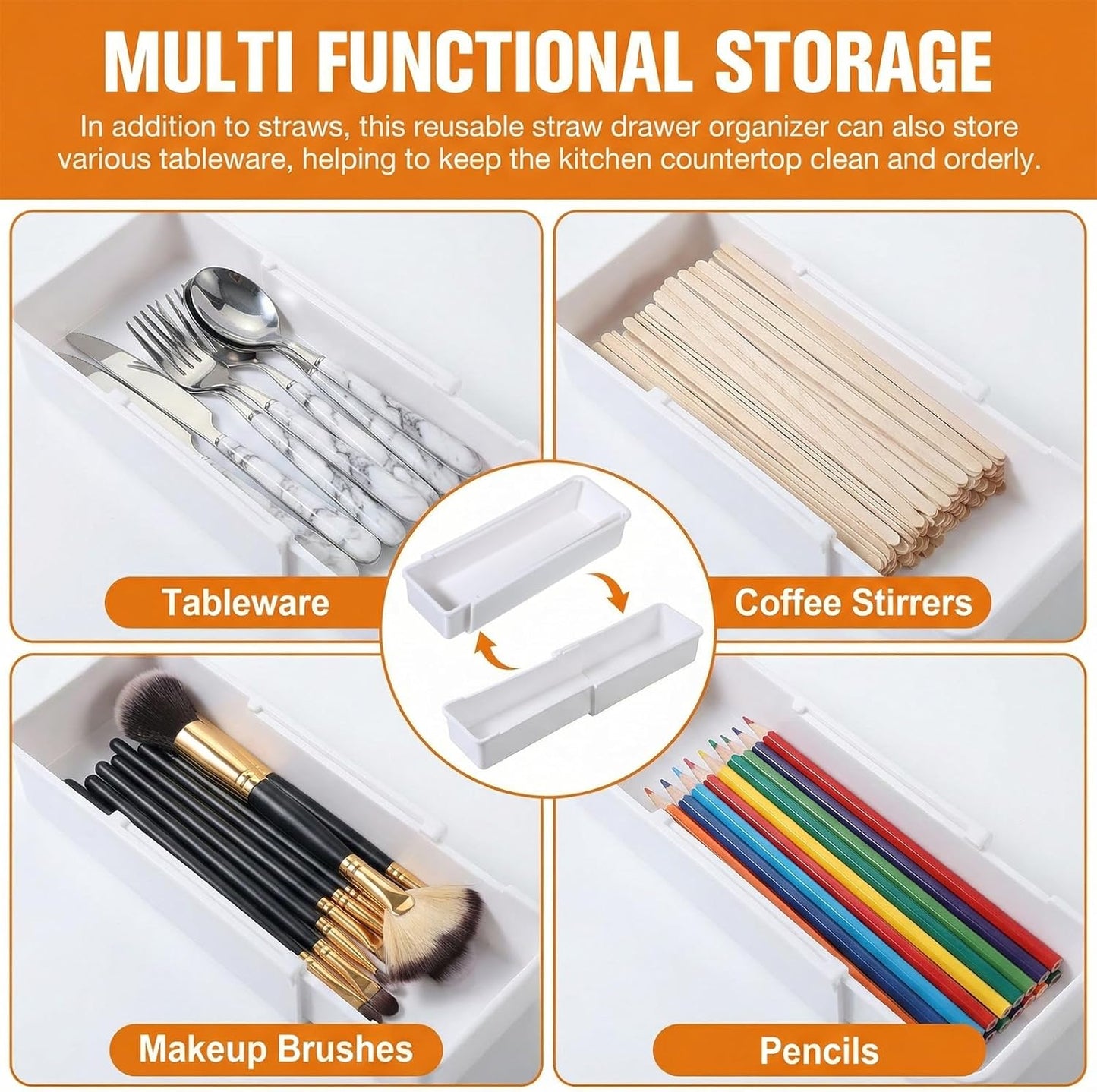 Straw Organizer Drawer Straw Holder Expandable Straws Storage for Cabinet Reusable Long Straws Drawers Organizer Fits for 60oz Long Kitchen Drawer Organizers for Utensils White