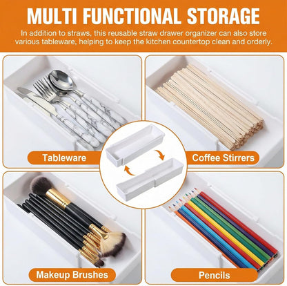 Straw Organizer Drawer Straw Holder Expandable Straws Storage for Cabinet Reusable Long Straws Drawers Organizer Fits for 60oz Long Kitchen Drawer Organizers for Utensils White