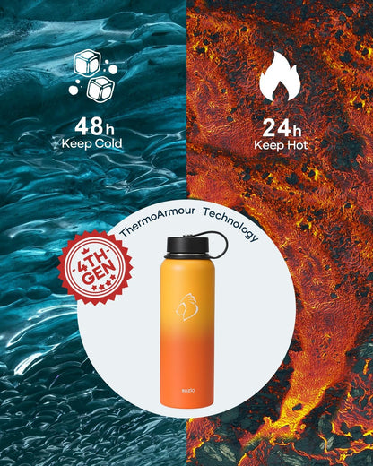 BUZIO 40oz Insulated Water Bottle, Triple Wall Vacuum Stainless Steel Water Flask with 2 lids, Lead-Free BPA-Free Straw Lid Sports Canteen Jug, Cold 48H & Hot 24H- Black - Colors A