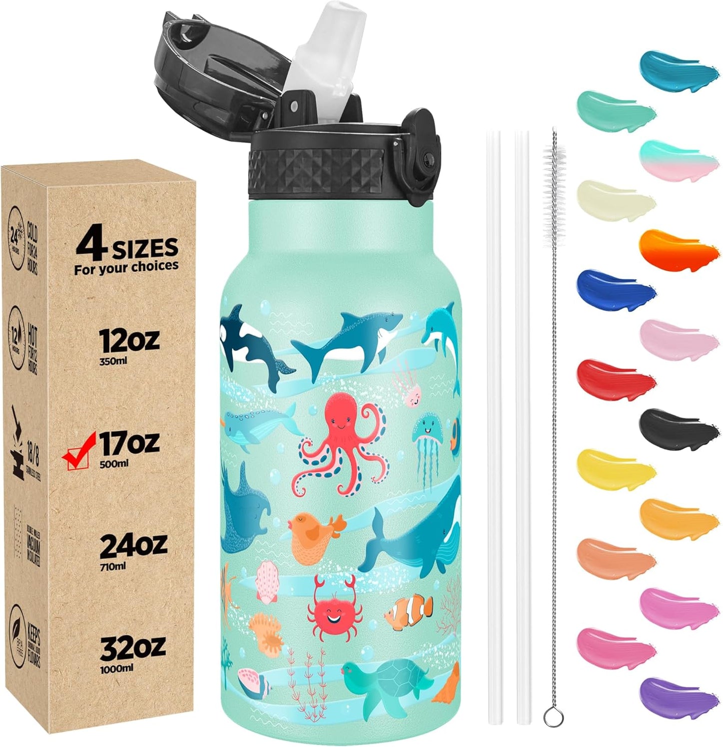Han's Bottle Sports Water Bottle - 24 Oz, Straw Lid, Leak Proof, Vacuum Insulated Stainless Steel, Double Walled, Thermo Mug,Black