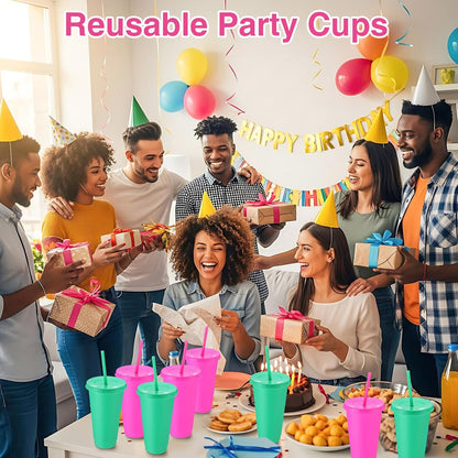 Honeydak 15 Pack Tumbler with Straw and Lid Bulk Cups for Gifts Water Bottle Iced Coffee Travel Mug Cup Reusable Plastic Tumblers for Party Birthdays 24-27 oz (Solid Color)