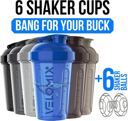 VELOMIX -6 PACK- 20 oz Protein Shaker Bottle for Protein Mixes - 6x Wire Whisk | Leak Proof Shaker Cups for Protein Shakes| Stackable Protein Shaker Bottle Pack | Dishwasher Safe (ALL IN BLACK)