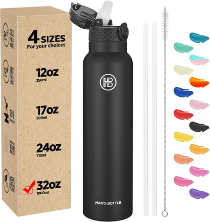 Han's Bottle Sports Water Bottle - 24 Oz, Straw Lid, Leak Proof, Vacuum Insulated Stainless Steel, Double Walled, Thermo Mug,Black