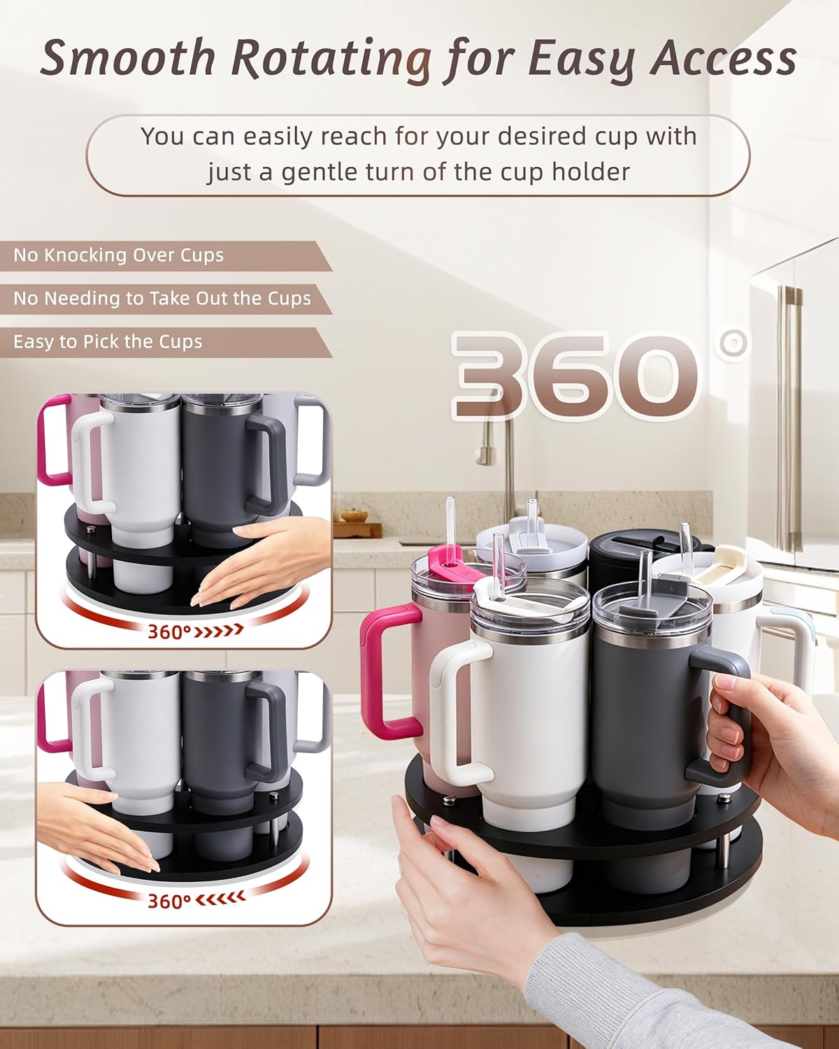 Rotating Wood Tumbler Organizer, 30 oz 40 oz Spinning Turnable Tumblers Holder, 360° Rotatable 7 Large Cups Bottle Tumbler Storage Display Stand, Rotate Syrup Organizer for Cabinet Countertop