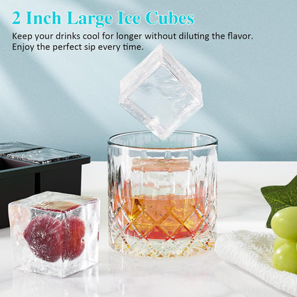 Large Ice Cube Tray for Whiskey: 2" Big Silicone Ice Tray with Lid for Whisky - 3Pack Old Fashioned Ice Cube Trays for Cocktail - Huge Square Cubed Bourbon Ice Cube Maker