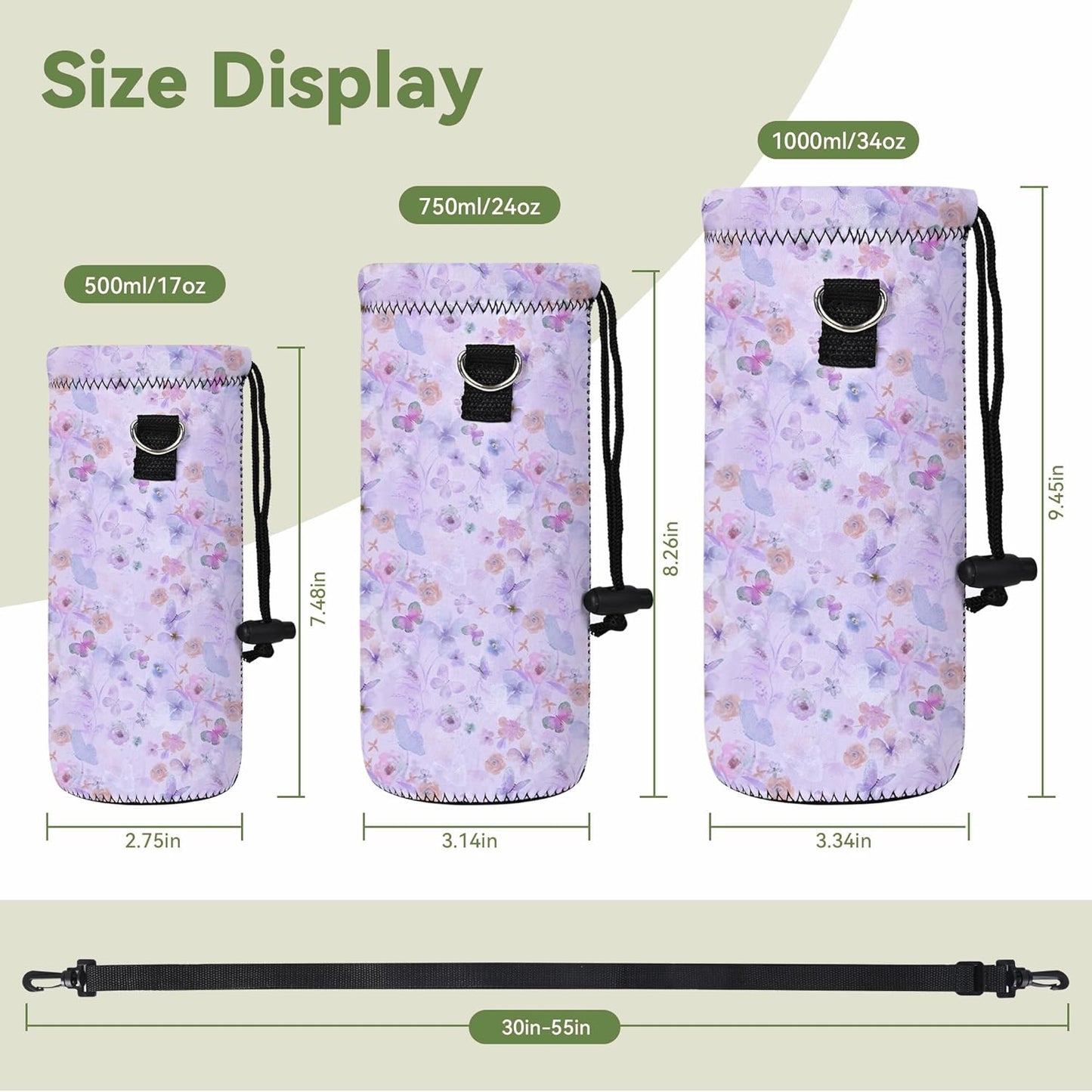 Neoprene 500ML/750ML/1000ML Water Bottle Bag Carrier, Portable Insulated Bottle Sling Holder Case Pouch with Adjustable Shoulder Strap for Men Women Walking Hiking Running