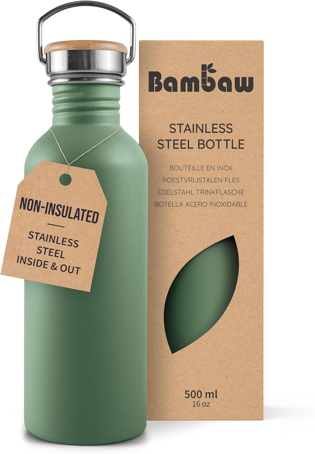 Bambaw Stainless Steel Water Bottles 32 oz, Non-insulated Single Wall Metal Water Bottle Stainless Steel, Reusable & Eco Friendly, Dishwasher Safe – Silver | Non-insulated