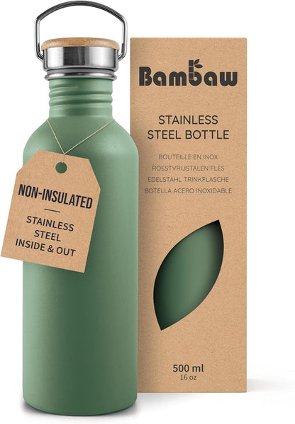 Bambaw Stainless Steel Water Bottles 32 oz, Non-insulated Single Wall Metal Water Bottle Stainless Steel, Reusable & Eco Friendly, Dishwasher Safe – Silver | Non-insulated