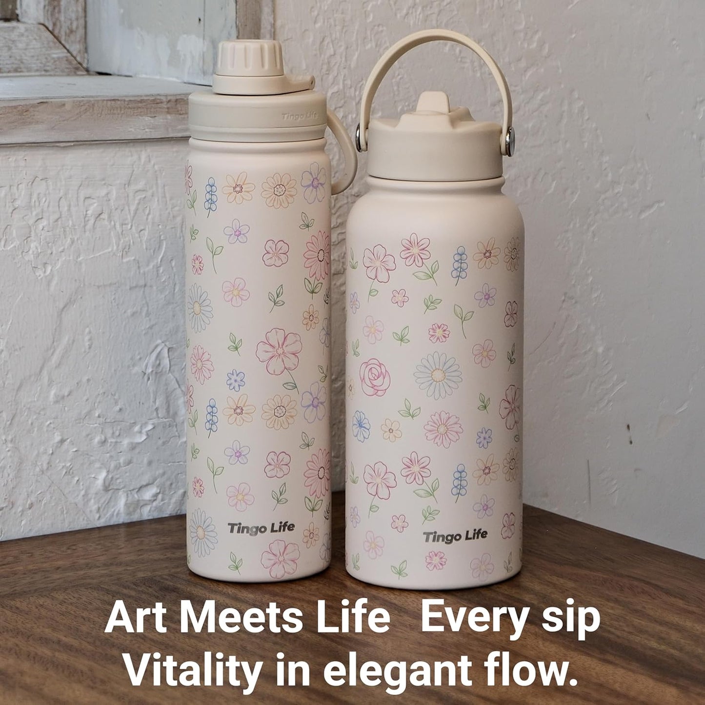 25oz Insulated Stainless Steel Aesthetic Cute Water Bottle - 2 Lids Included (Straw + Sport Handle), Leakproof BPA-Free, Dreamy Cream Cute Floral Design, Perfect Gym/Yoga/Office Companion