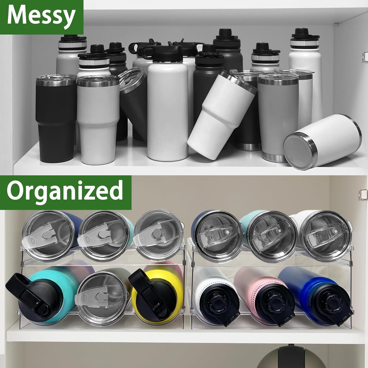 Spaclear 2 Pack Water Bottle Organizer, Stackable Kitchen Pantry Storage Shelf, Plastic Water Bottle Holder for Cabinet and Fridge Organization