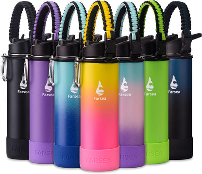 Farsea Insulated Water Bottle With Paracord Handle, Protective Silicone Boot and 2 Lids (Straw Lid & Spout Lid), Stainless Steel Water Bottle Wide Mouth, Double Wall Sweat-Proof BPA-Free, 24 oz