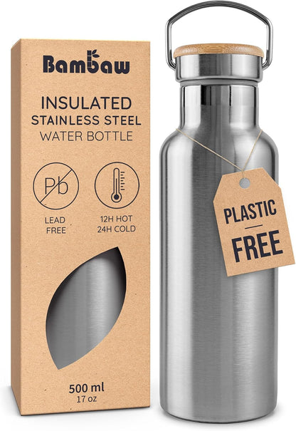 Bambaw 24 oz Stainless Steel Water Bottle, Insulated Metal Water Bottle Wide Mouth, Great for Hiking & Travel, With Handle Easy to Carry, Rust-Resistant & Durable (Aegean Blue)