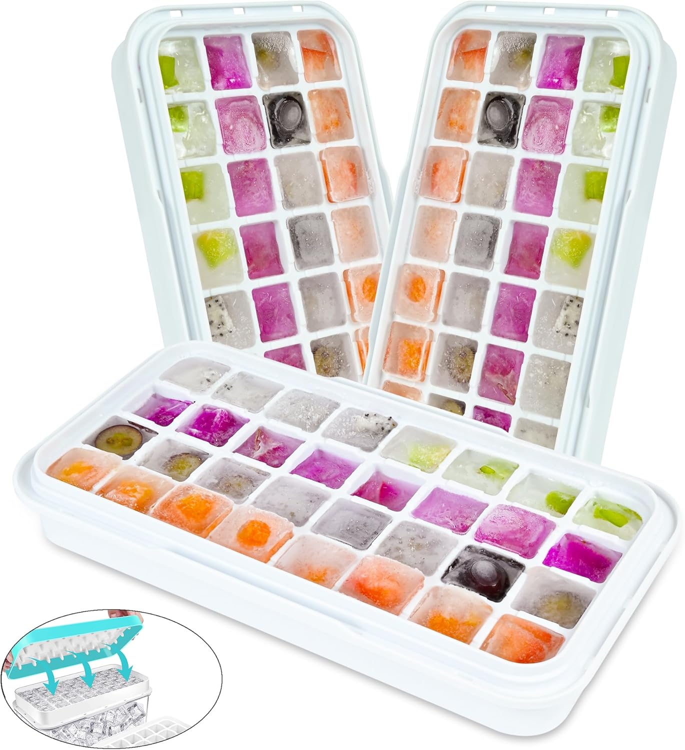 Ice Trays for Freezer with Lid & Bin, Ice Cube Tray Making 64 pcs Ice Cubes, Easy Press to Release Ice, Ice Tray with Storage Bin Chilling Cocktail Whiskey Coffee 2 Trays 1 Ice Bucket & Scoop (Black)