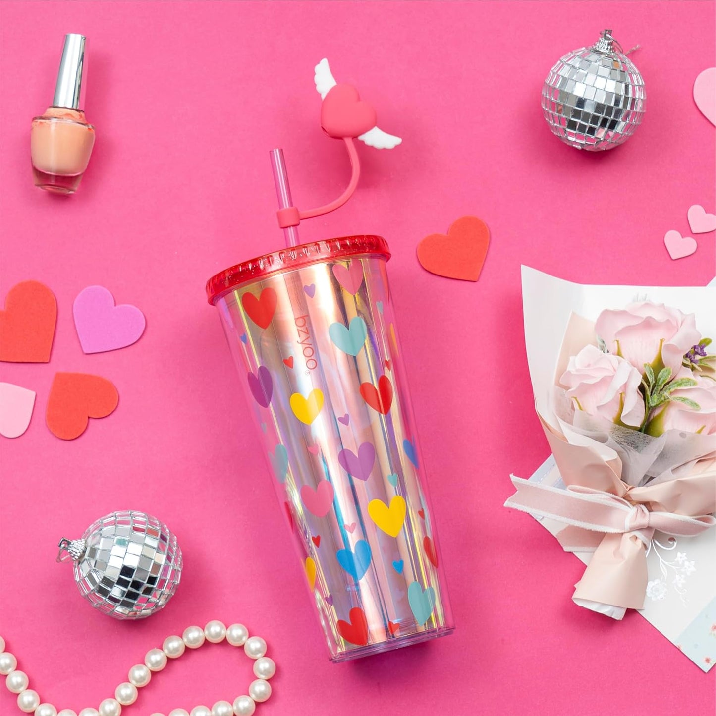 bzyoo SIP 24oz (710ml) Double Wall Plastic Tumbler with Lid and Straw Cold Drink Travel Mug Reusable Party Cup Perfect for Office Ice Coffee or Tea and Gift Color: Pink & Purple