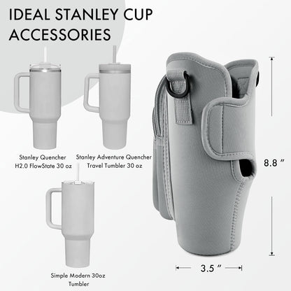 JEBEALUO Water Bottle Carrier Bag with Phone Pocket for Stanley Cup 40/30 oz, Water Bottle Holder with Adjustable Strap& Straw Cover, Stanley Cup Accessories