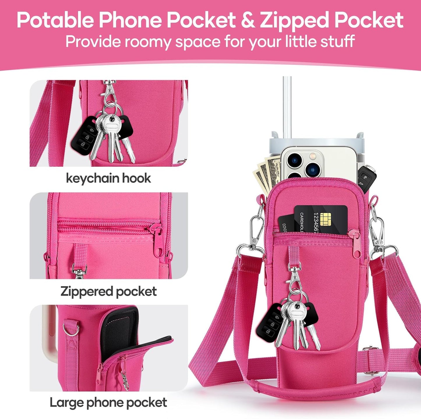 linmaya Water Bottle Carrier Bag for Stanley Cup 40/30oz with Phone Holder Pockets,Neoprene Water Bottle Cross-body Bag with Adjustable Shoulder & Hand Strap Stanley Cup Accessories