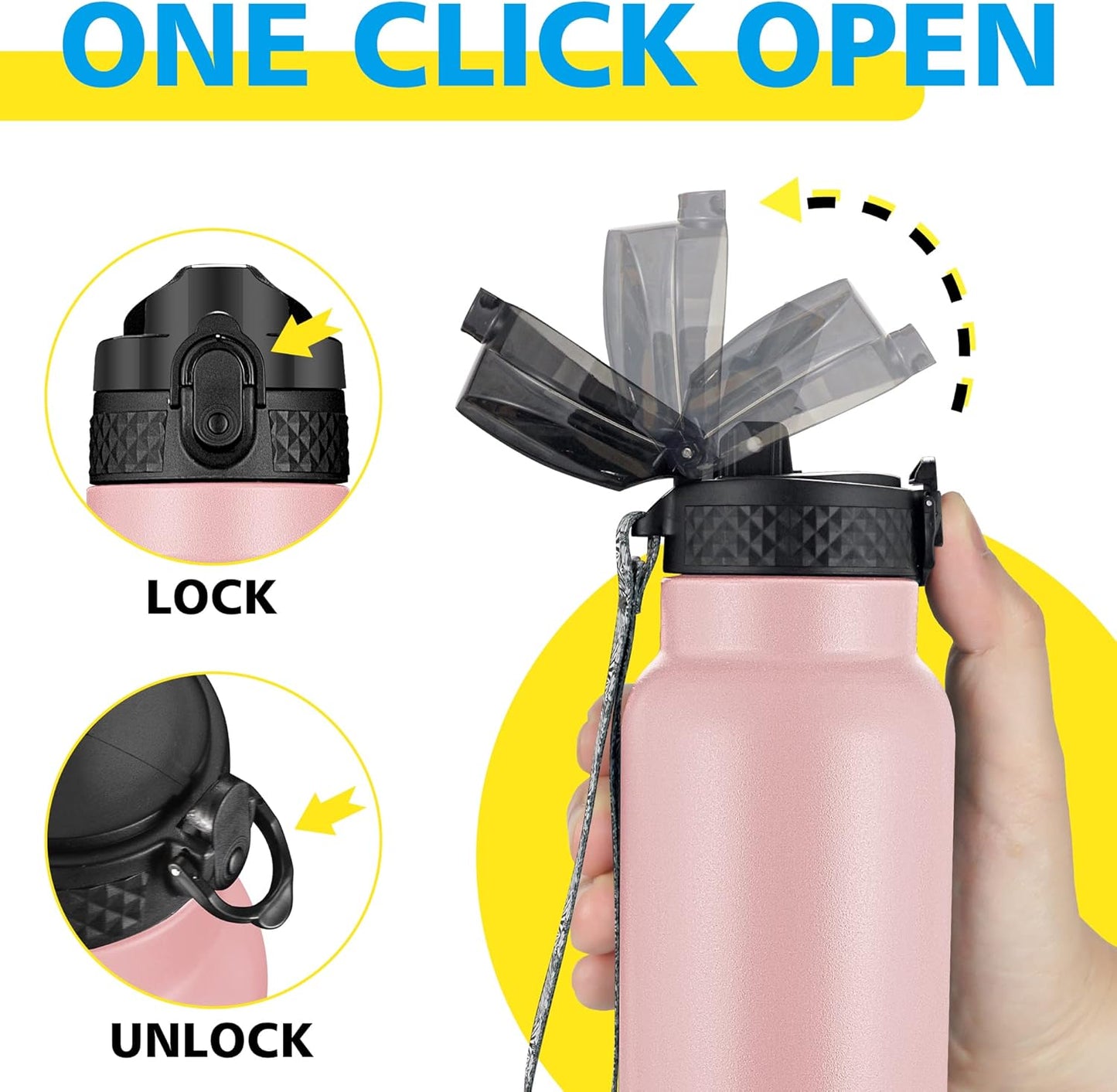 Han's Bottle Sports Water Bottle - 24 Oz, Straw Lid, Leak Proof, Vacuum Insulated Stainless Steel, Double Walled, Thermo Mug,Black