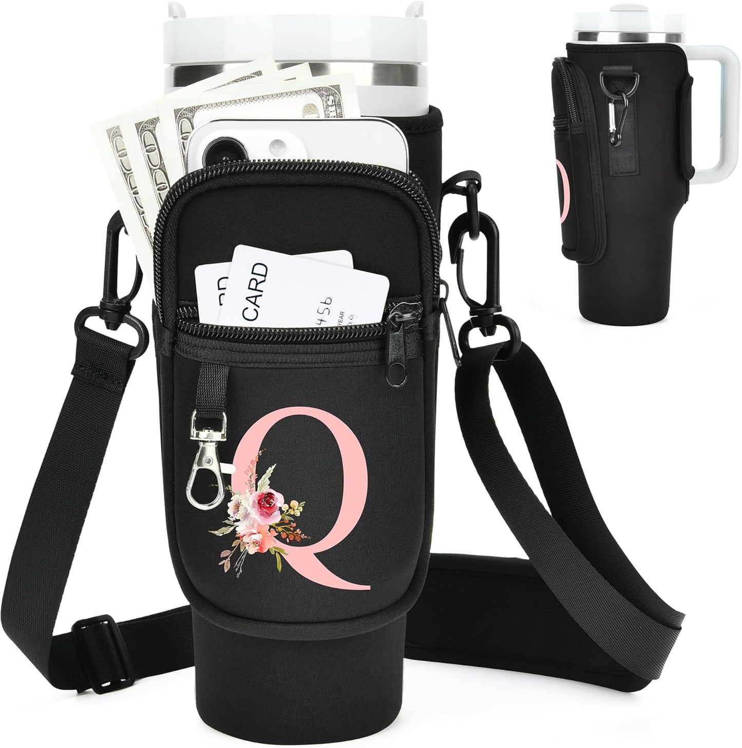 Initial Water Bottle Holder with Strap for Stanley Cup Accessories 40 oz/Simple Modern Tumbler, Birthdays for Women Girls, Water Bottle Carrier Bag with Phone Pocket,Hiking Walking Gym Camping