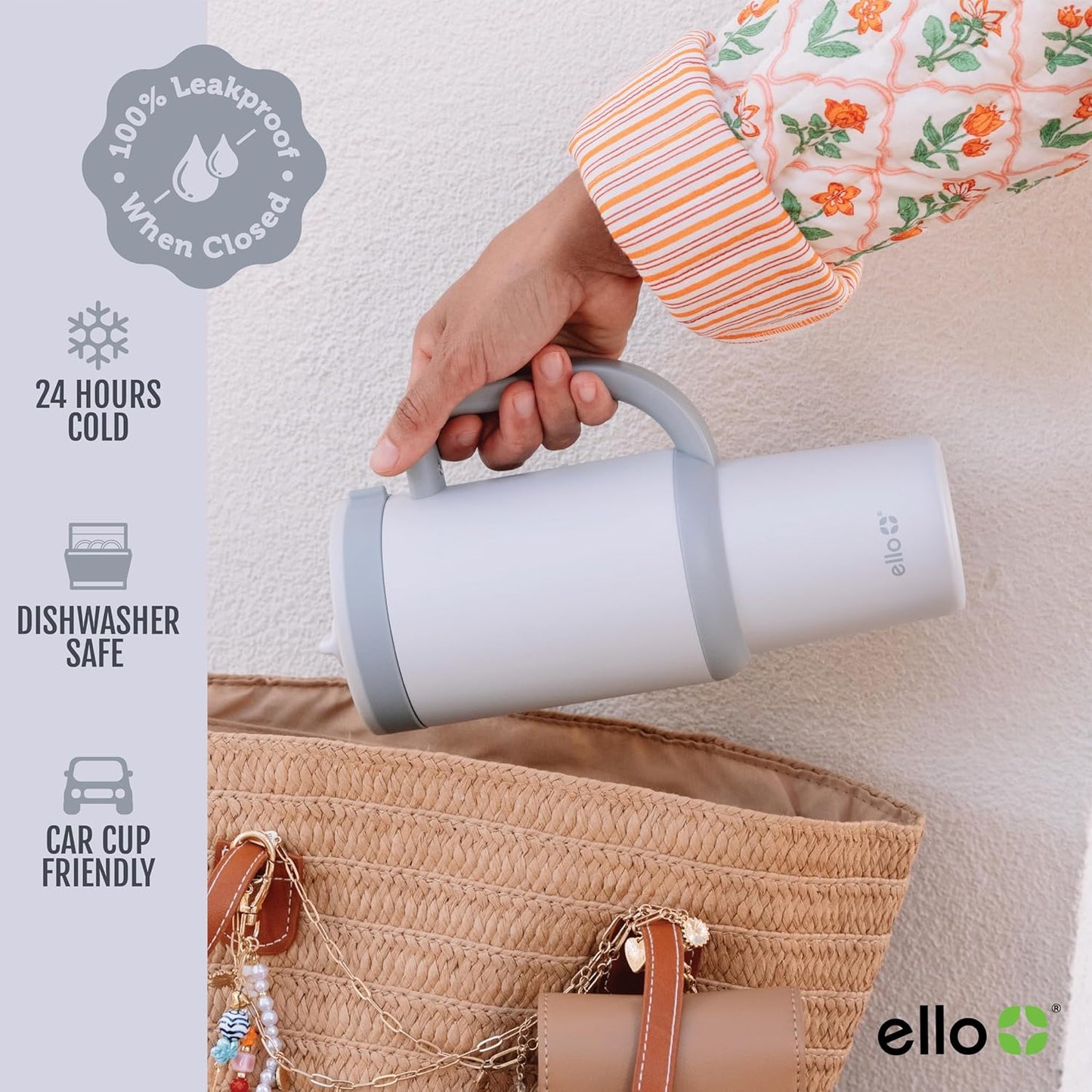 Ello Oasis 40 oz Tumbler with Handle & Retracting Straw | Reusable Insulated Stainless Steel Cup 100% Leakproof, Gifts for Teens Women Men | Keeps cold for 24 Hours, Cup Holder Friendly, Daisies