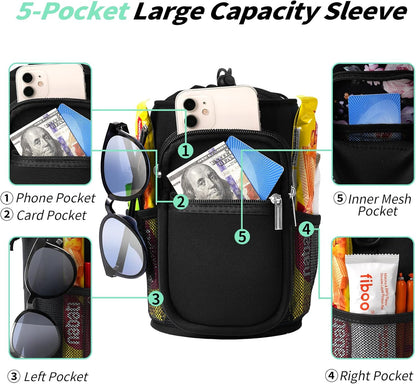 AceTreker 32/40/64/87/128 oz Water Bottle Carrier Bag, Neoprene Water Bottle Sleeve with 4 Pocket, Sport Water Holder with Paracord Handle and Shoulder Strap for Walking Hiking Camping Gym