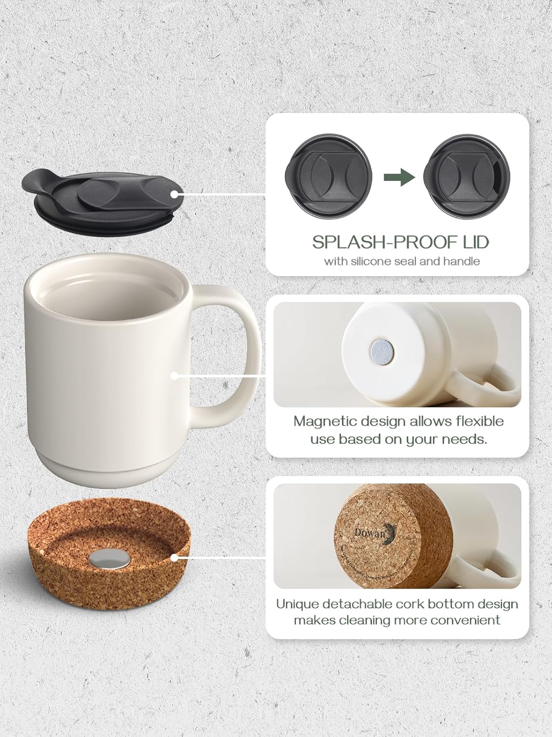 DOWAN Coffee Mugs, 15 oz Mug Set of 2, Large Ceramic Coffee Mug with Cork Bottom and Spill Proof Lid for Mom Dad, Big Mug for Latte Tea, Matte Grey