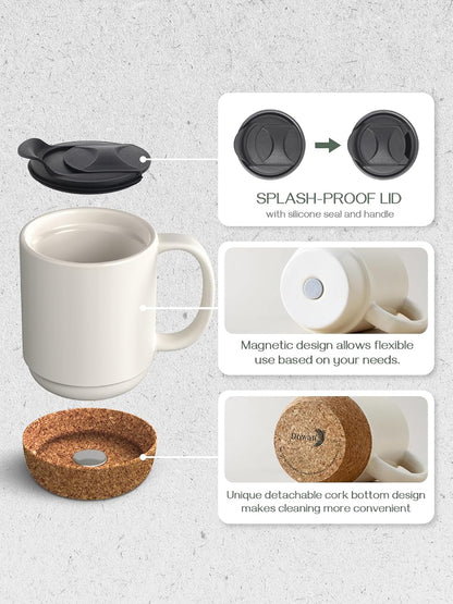 DOWAN Coffee Mugs, 15 oz Mug Set of 2, Large Ceramic Coffee Mug with Cork Bottom and Spill Proof Lid for Mom Dad, Big Mug for Latte Tea, Matte Grey