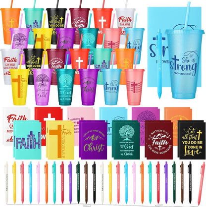 Feifeiya 72 Pcs/ 24 Set Bible Verse Gifts Bulk 24 oz Father's Day Christian Plastic Tumbler with Lids and Straws Inspirational Prayer Notepads Religious Pen Church Cups Gift for Christian Party Favors