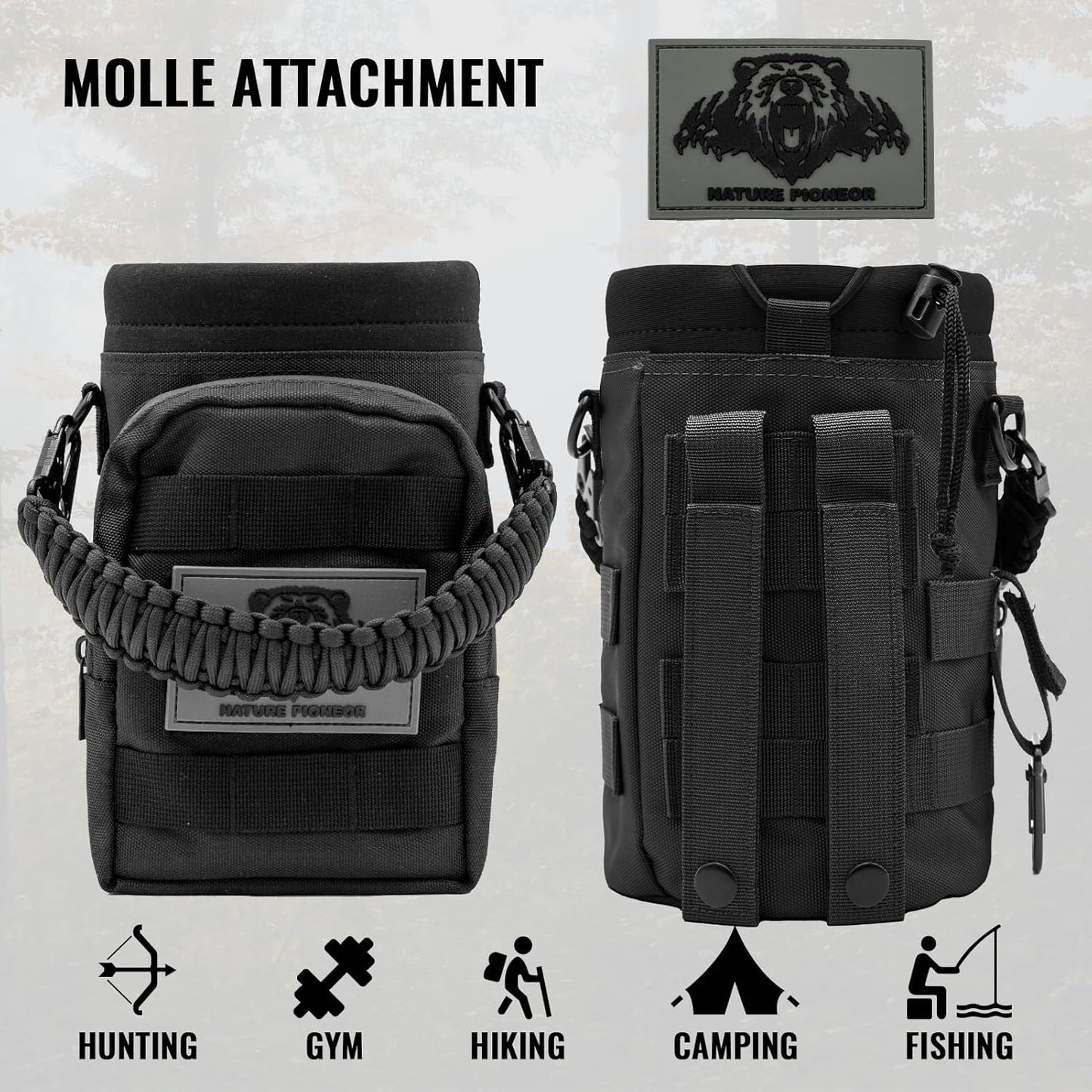 NATURE PIONEOR 32 64 128oz Tactical Water Bottle Pouch, Multi-Function Tactical Water Bottle Bag with Adjustable Shoulder Strap, Half/One Gallon Molle Strap Carrier Holder