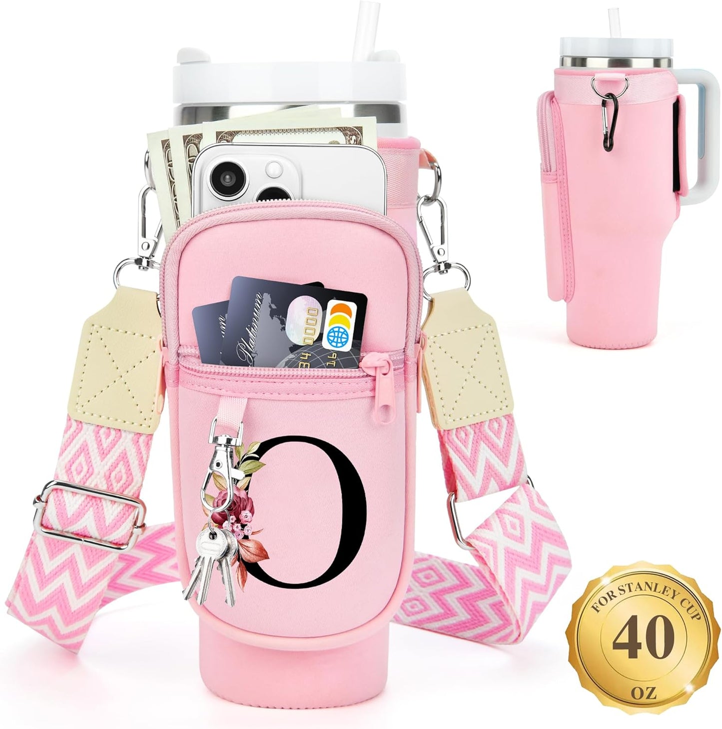 LOKASS Personalized Water Bottle Holder with Strap for Stanley Cup Accessories 40 oz, Initial for Stanley Cup Holder Carrier Bag with Phone Pocket, Stylish Tumbler Accessories for Daily Use Hands-Free