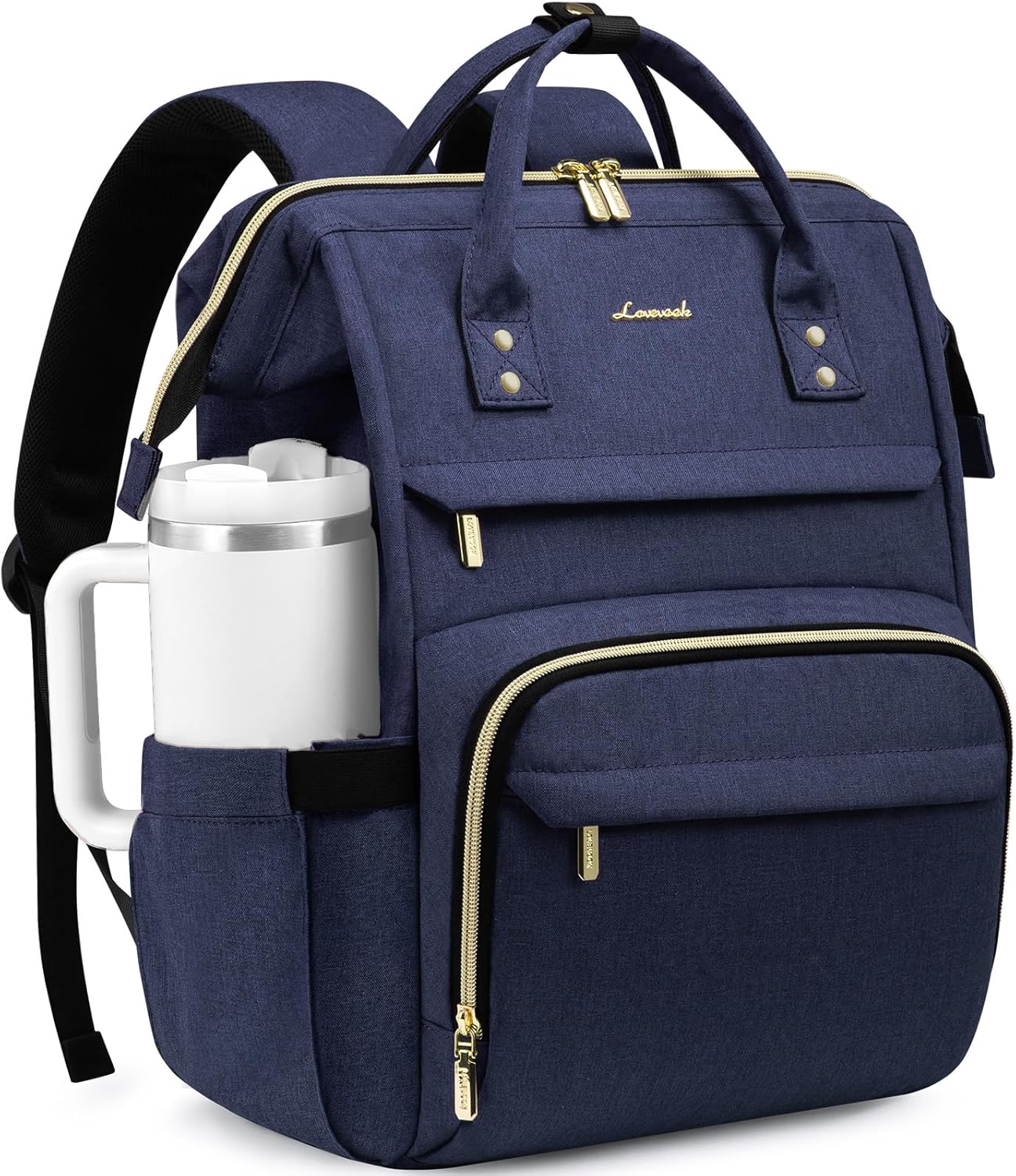 LOVEVOOK Laptop Backpack for Women with Giant Tumbler Holder Pocket,15.6 inch Waterproof Travel Backpack Purse Computer Laptop Bag,Professional Work College Nurse Teacher Backpack Casual Daypack,Black