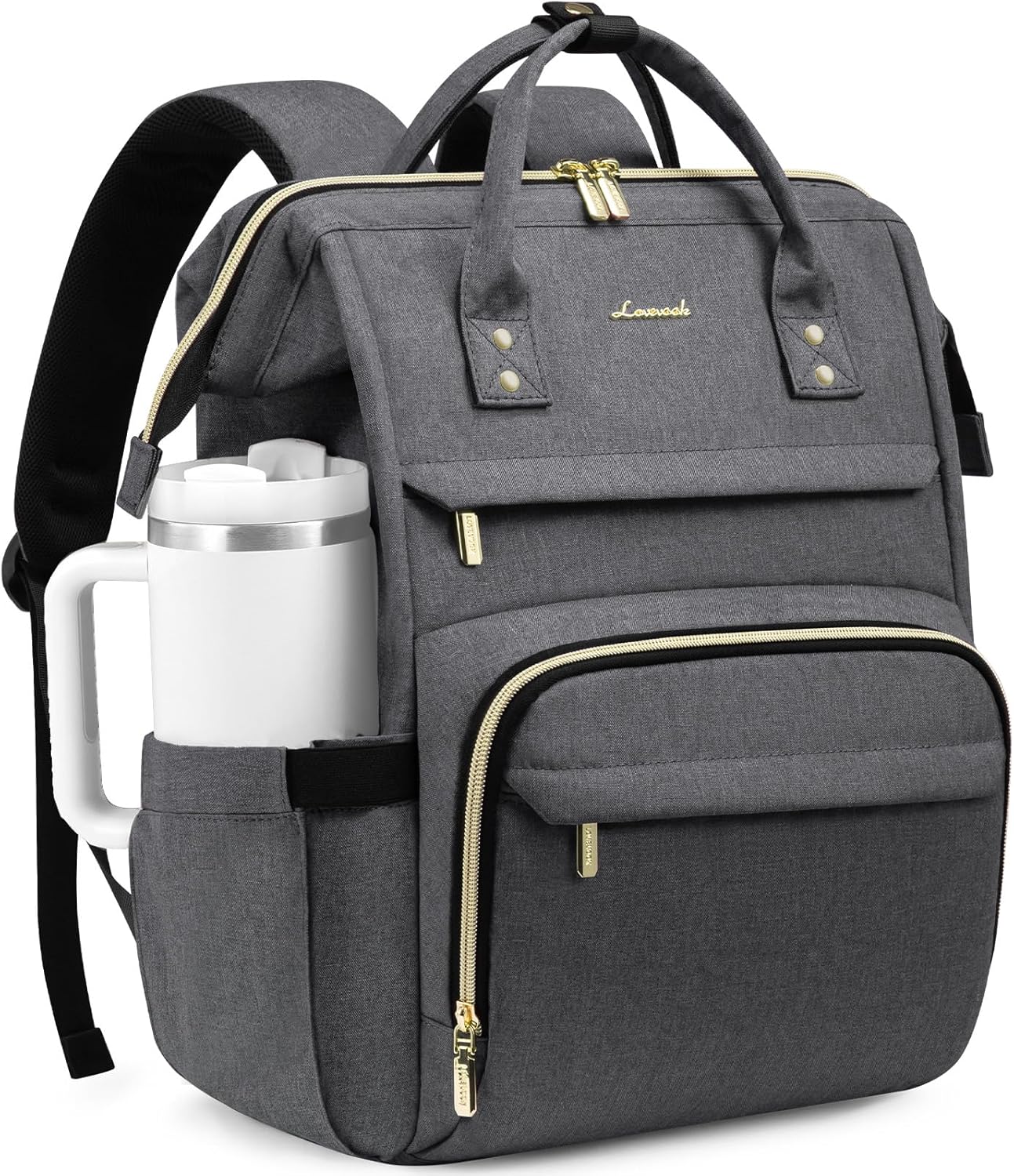 LOVEVOOK Laptop Backpack for Women with Giant Tumbler Holder Pocket,15.6 inch Waterproof Travel Backpack Purse Computer Laptop Bag,Professional Work College Nurse Teacher Backpack Casual Daypack,Black
