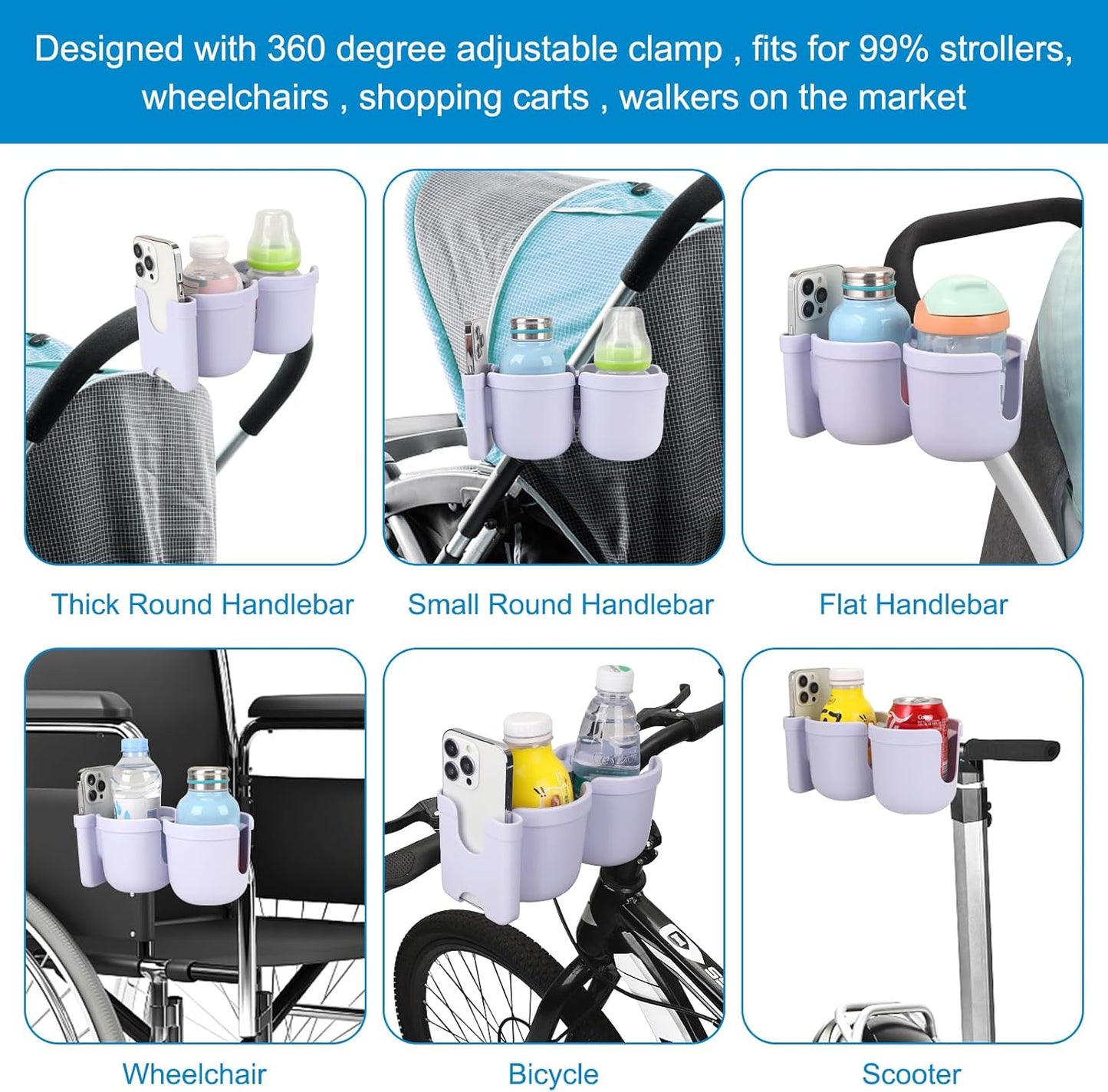 Accmor Stroller Cup Holder with Phone Holder, Bike Cup Holder, Universal Cup Holder for Uppababy Nuna Doona Strollers, 2-in-1 Cup Holder for Walker, Wheelchair, Scooter - Colors A