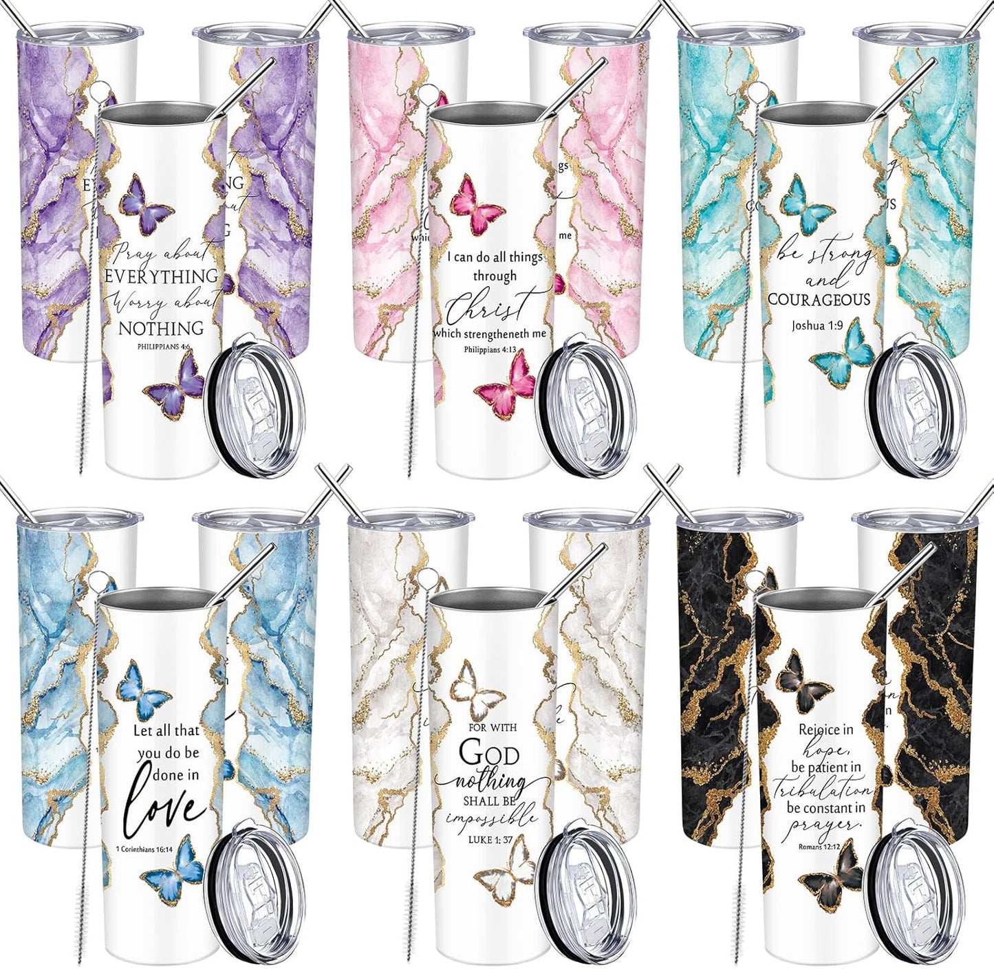 Geiserailie 6 Sets Christian Tumblers for Women 20 oz Marble Stainless Steel Cups with Lid Straw and Brush Inspirational Bible Verse Faith Gifts for Graduation End of Year Friends Coworkers Church