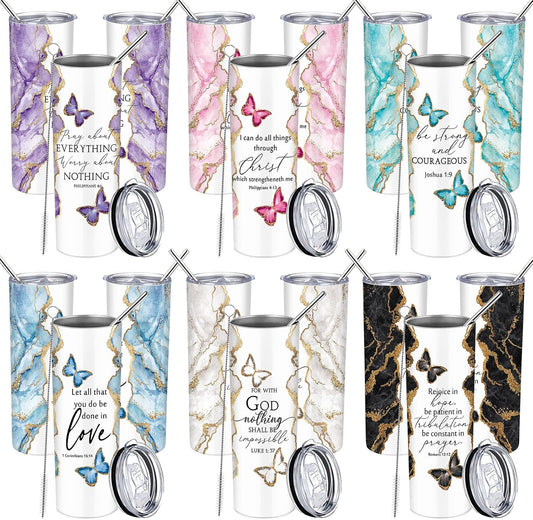 Geiserailie 6 Sets Christian Tumblers for Women 20 oz Marble Stainless Steel Cups with Lid Straw and Brush Inspirational Bible Verse Faith Gifts for Graduation End of Year Friends Coworkers Church