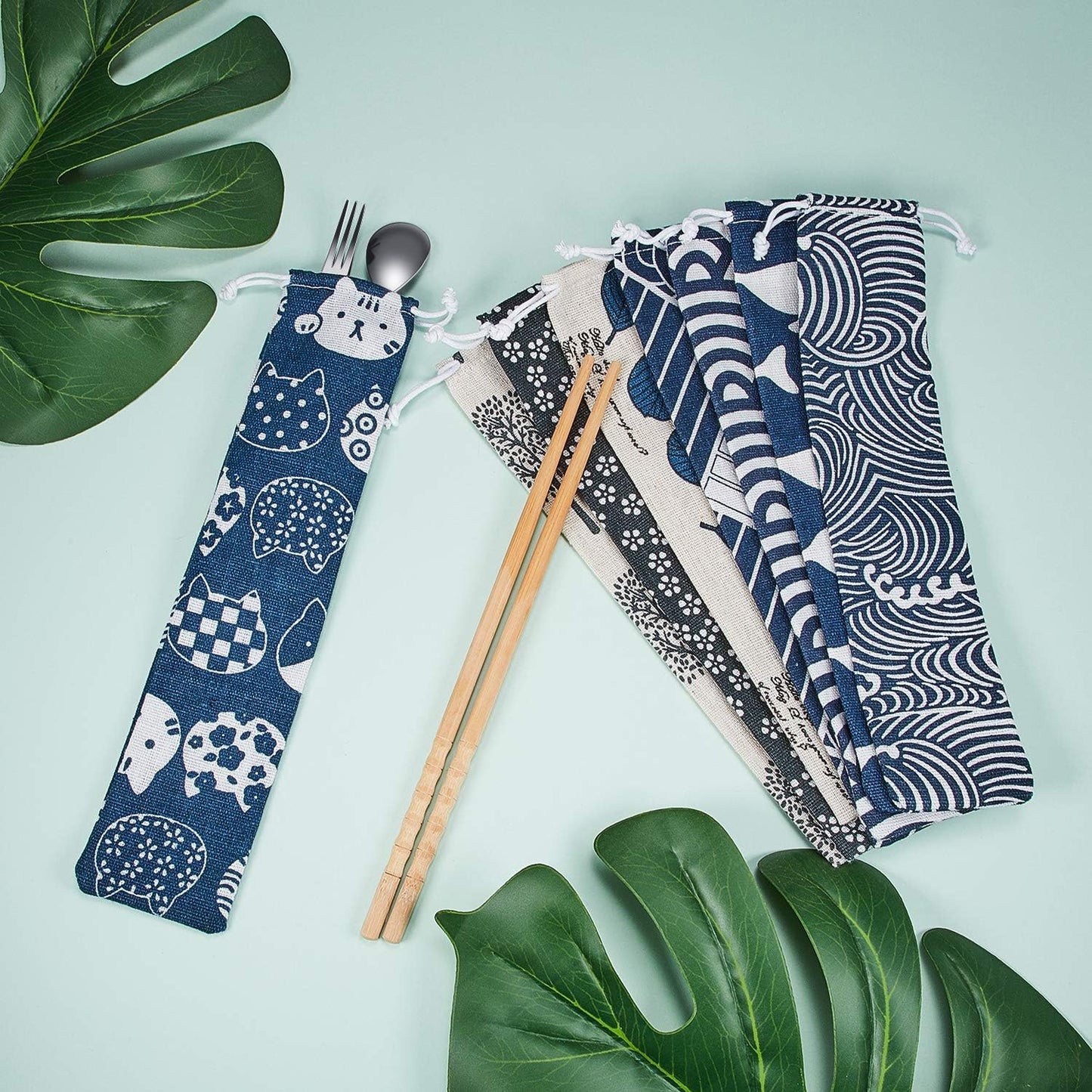 Outus 20 Pcs Straw Carrying Case Chopstick Case, Reusable Utensil Pouch Portable Travel Canvas Bag for Straws, Knife, Fork, Spoon, Chopsticks (Nature Beige Mix)