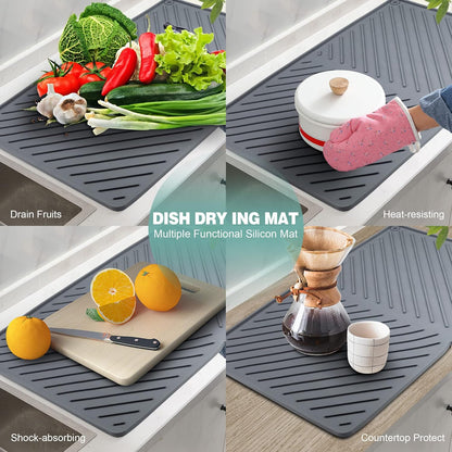 Dish Drying Mat, Silicone Dish Drying Mat for Kitchen Counter, Dish Drainboard Mat with Built-in Drain, Non-silp, Heat Resistant, Dishwasher Safe (Black, 14.6"x10.3")