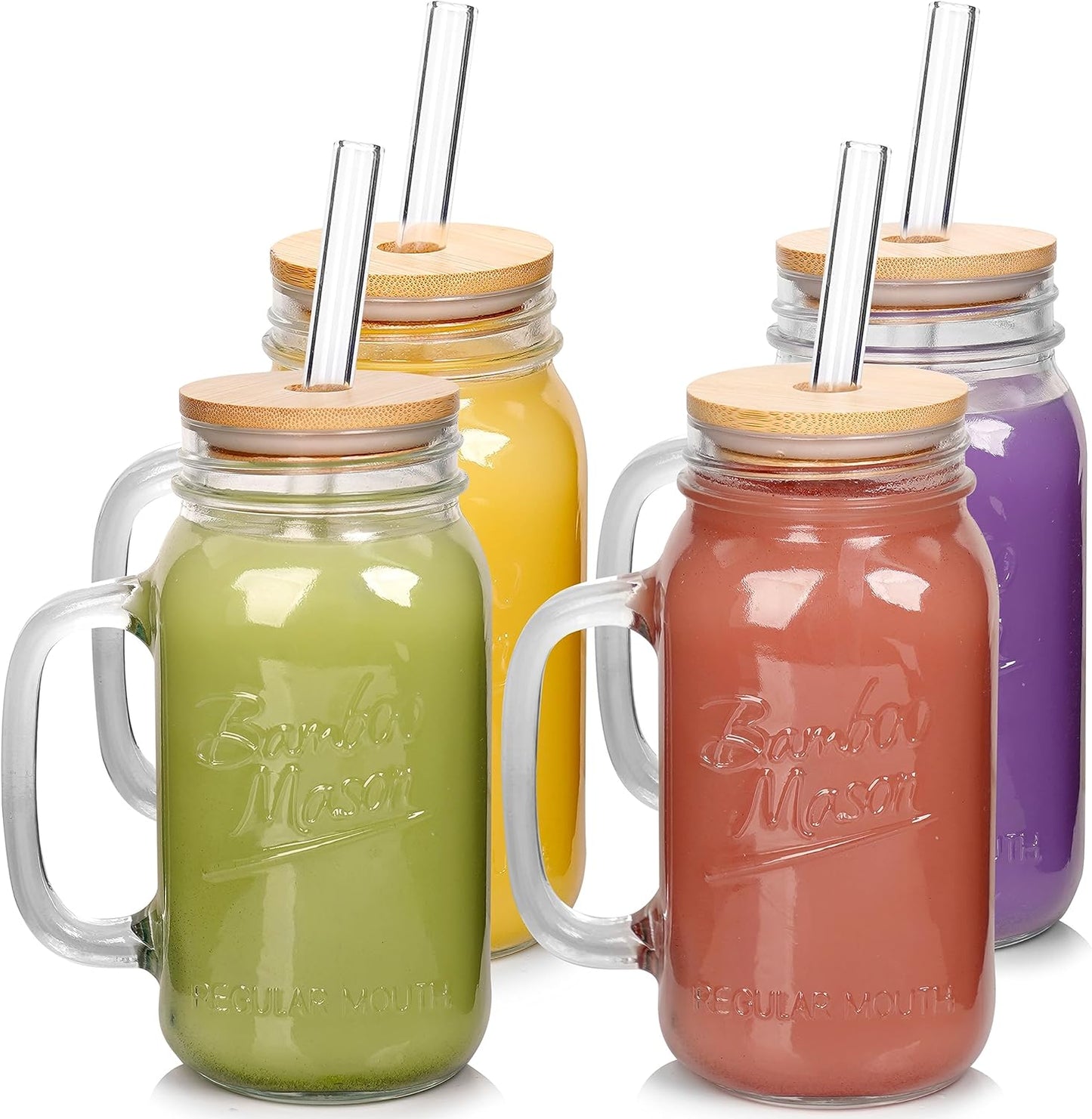 ANOTION Mason Jar Iced Coffee Cup with Lid and Straw, 24oz Regular Mouth Mason Jars with Handle Glass Coffee Drinking Glasses Tumbler Reusable Cups Bottles for Iced Coffee Cups for Travel Office Home