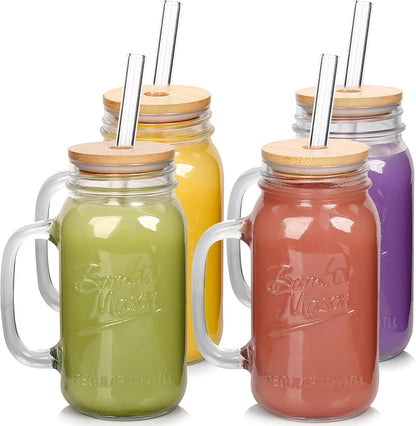 ANOTION Mason Jar Iced Coffee Cup with Lid and Straw, 24oz Regular Mouth Mason Jars with Handle Glass Coffee Drinking Glasses Tumbler Reusable Cups Bottles for Iced Coffee Cups for Travel Office Home