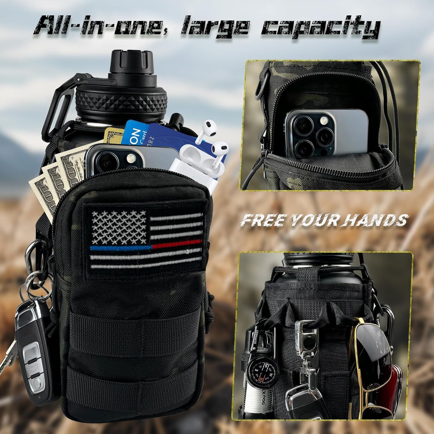 32 oz Insulated Water Bottle with Sleeve - Tactical Stainless Steel Gym Water Bottles for Men, Sports Water Bottle for Hiking Camping Outdoor with Camo Pouch