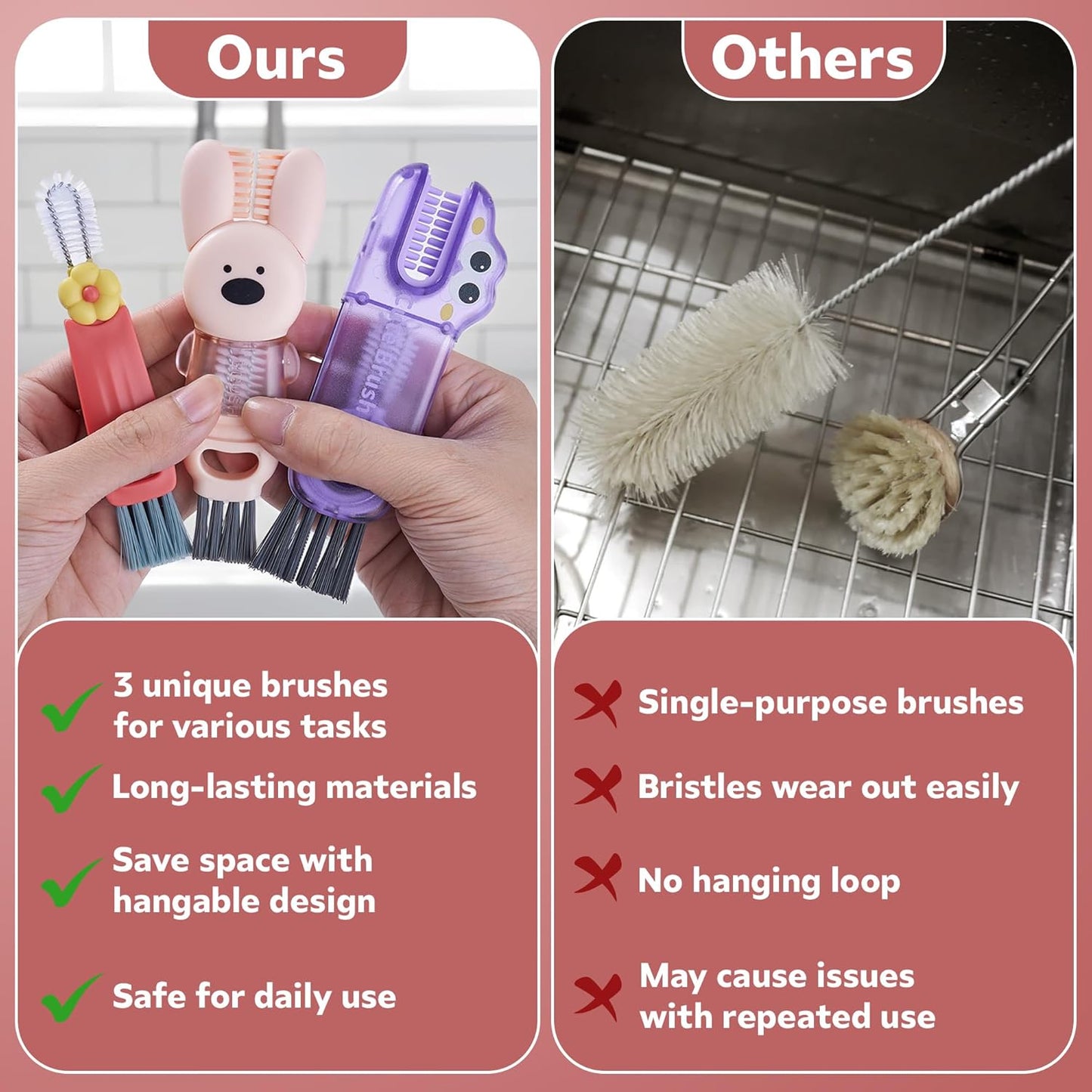 Cup Lid Cleaning Brush, 3 in 1 Lid Cleaner for Tumblers and Water Bottles, Gap Cleaning Brush with Straw Hole Detail Tool, Multifunctional Brush for Daily Use (Pink Purple)