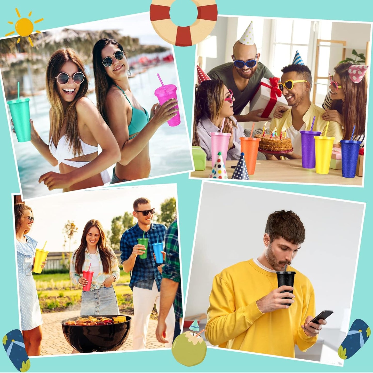 24 Pack Plastic Tumblers with Lids and Straw, Reusable Cups with Lids and Straws Colorful Cups for Cold Drink Iced Coffee, Plastic Tumbler Bulk for Party Birthday Gifts (24 oz, Stylish Colors)