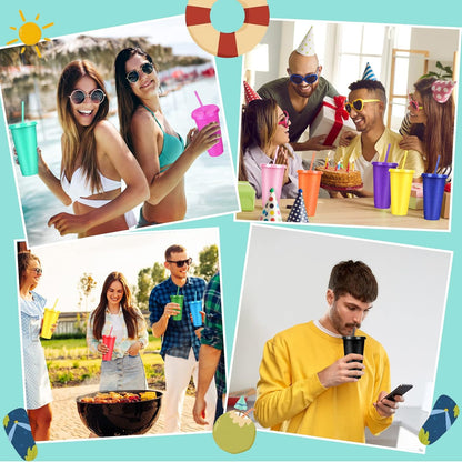 24 Pack Plastic Tumblers with Lids and Straw, Reusable Cups with Lids and Straws Colorful Cups for Cold Drink Iced Coffee, Plastic Tumbler Bulk for Party Birthday Gifts (24 oz, Stylish Colors)