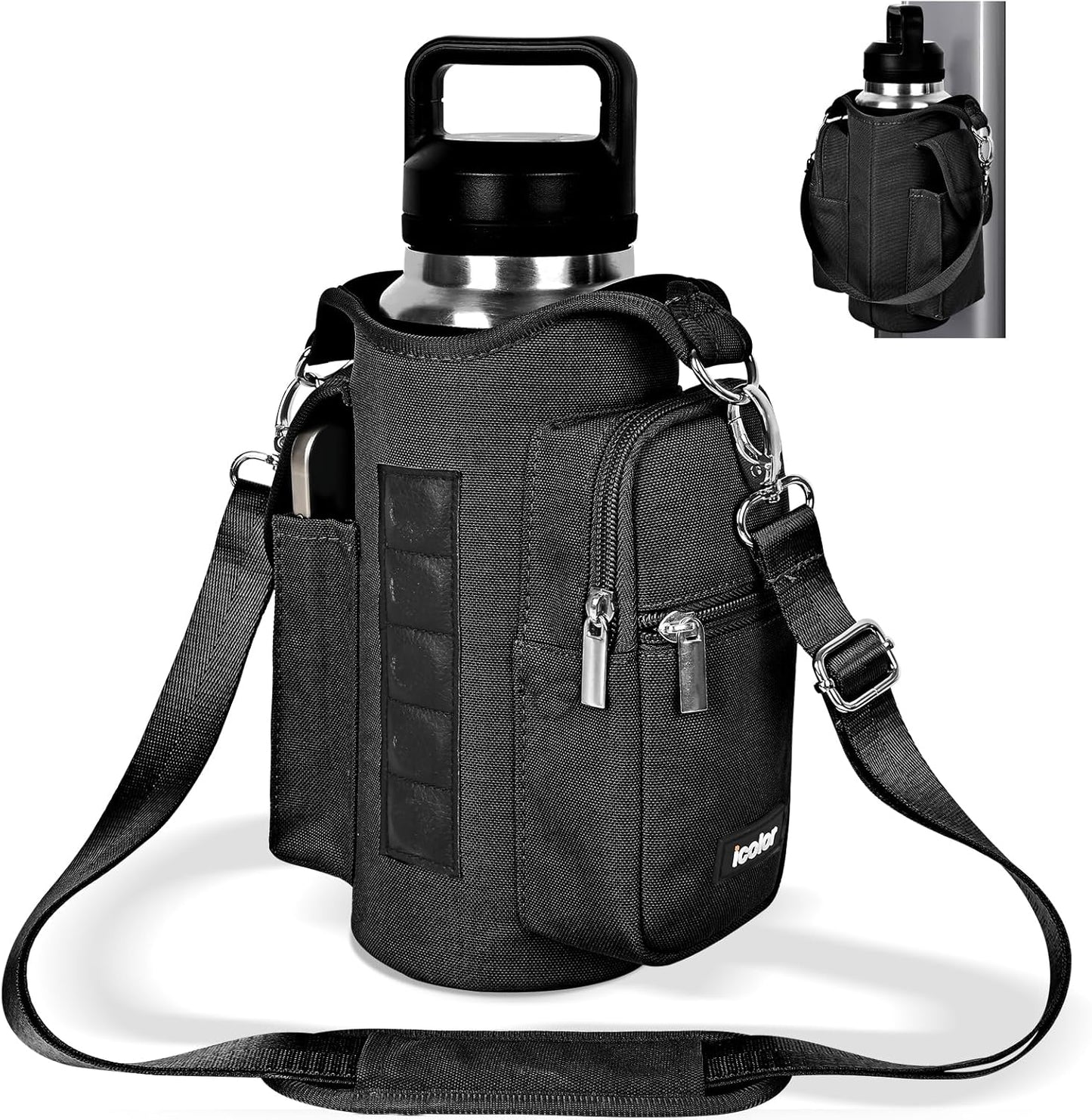 icolor Magnetic Gym Bag Water Bottle Carrier Holder with Phone Pockets & Shoulder Strap,Gym Magnetic Bag 5 Built-in Magnets Gym Accessories Organizer Sling Bottle Bag Pouch Sleeve
