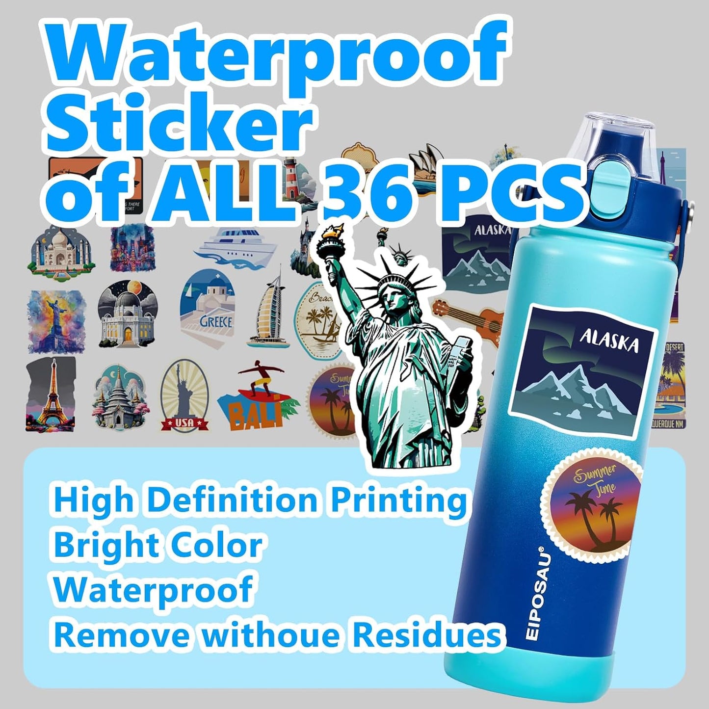 Insulated Water Bottle with Lid & Boot & Stickers, 24 oz Stainless Steel Sweat Free Bottle Keep Cold 24H, BPA-Free Sports Wide Mouth Water Bottle, BlueBlack