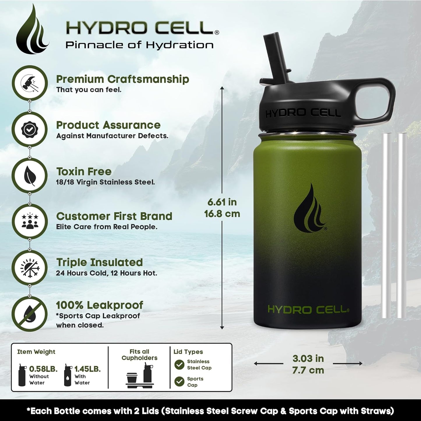 HYDRO CELL Stainless Steel Insulated Water Bottle with Straw - For Cold & Hot Drinks - Metal Vacuum Flask with Screw Cap and Modern Leakproof Sport Thermos for Adults (Neon 18oz)
