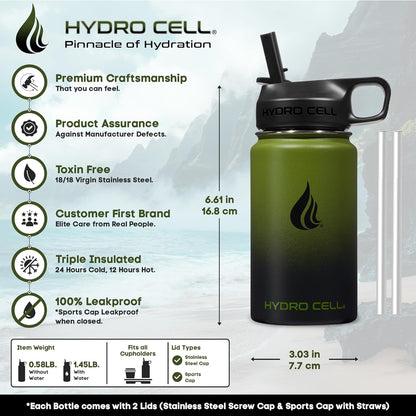 HYDRO CELL Stainless Steel Insulated Water Bottle with Straw - For Cold & Hot Drinks - Metal Vacuum Flask with Screw Cap and Modern Leakproof Sport Thermos for Adults (Neon 18oz)