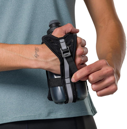 Nathan SpeedDraw 2 Insulated Handheld Running Water Bottle Flask 18oz – Double-Wall Insulation, Ergonomic Grip, Blast Valve Cap, Phone & Key Storage Pockets, Reflective Design